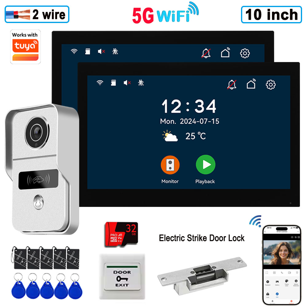 ホームスマートワイヤレス WiFi ビデオインターホンドアベル 2 10 インチスクリーン 1080P 2 線ビデオドアホンシステム電気ストライクロック付き