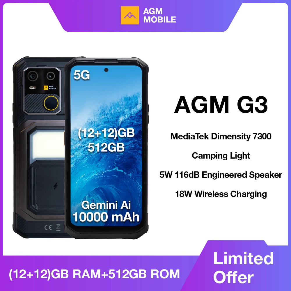 AGM G3 5G 頑丈な電話 24GB(12 12) 512GB ワイヤレス充電 10000mAh 電話 6.72" 120Hz 寸法 7300 Android15 キャンプライト