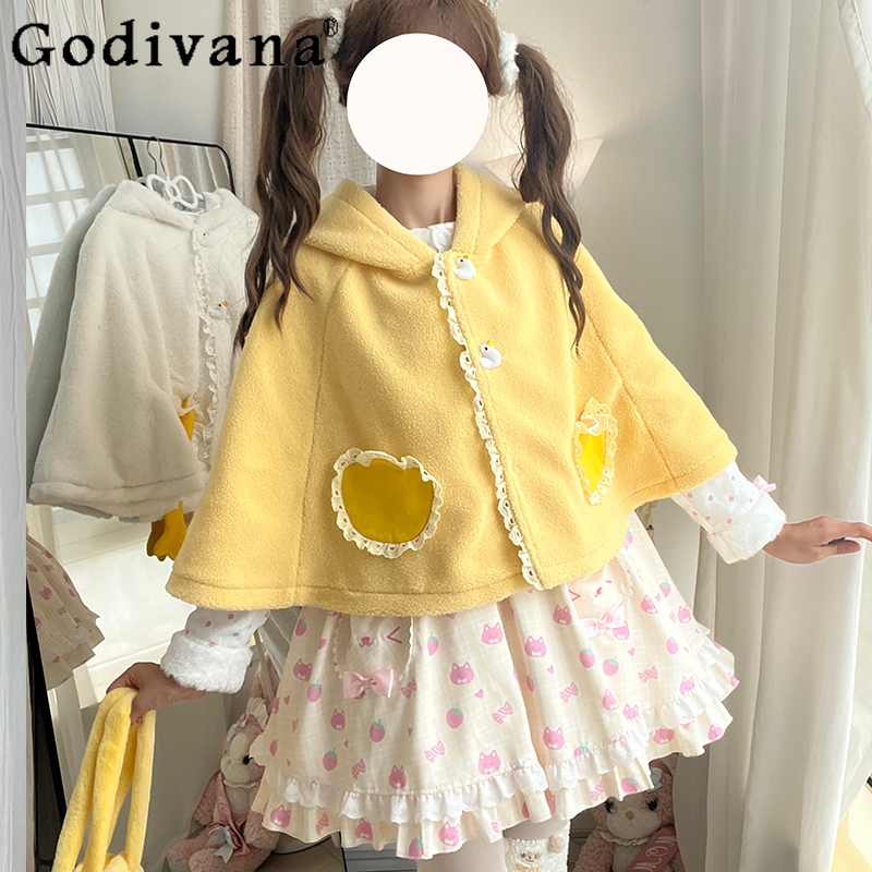 オリジナルかわいい女の子甘いロリータフード付きマント冬の新 2025 女性かわいいぬいぐるみ暖かいソフトショールケープショートジャケット Y2k ポンチョ