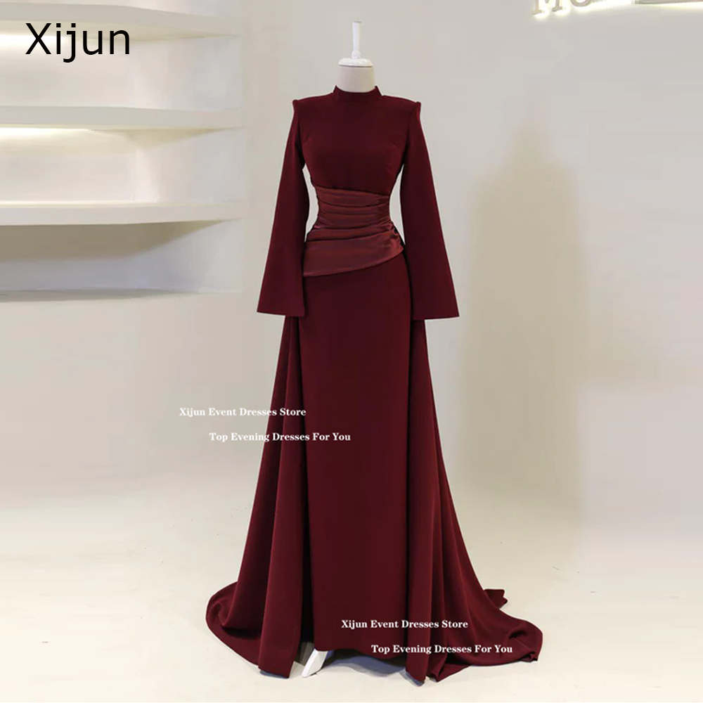 Xijun ささやかなクレープロングイブニングドレスイスラム教徒ハイカラープリーツウエディングドレスフルスリーブドバイフォーマルウエディングドレスカスタマイズ