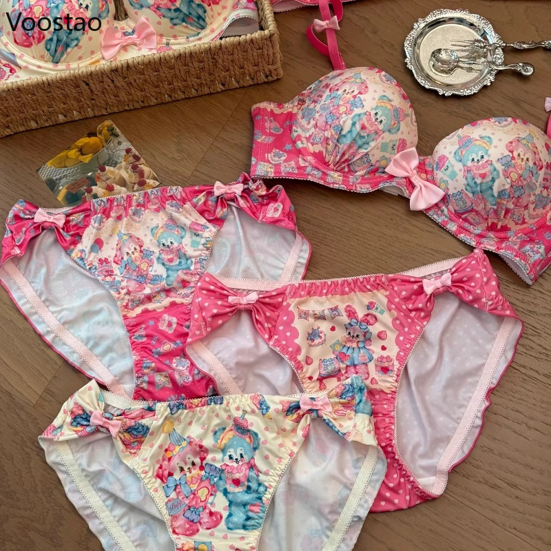 和菓子ロリータスタイルの女性かわいいキャンディウサギプリントブラジャーパンティーランジェリーセット女の子かわいい下着パンティ下着セット