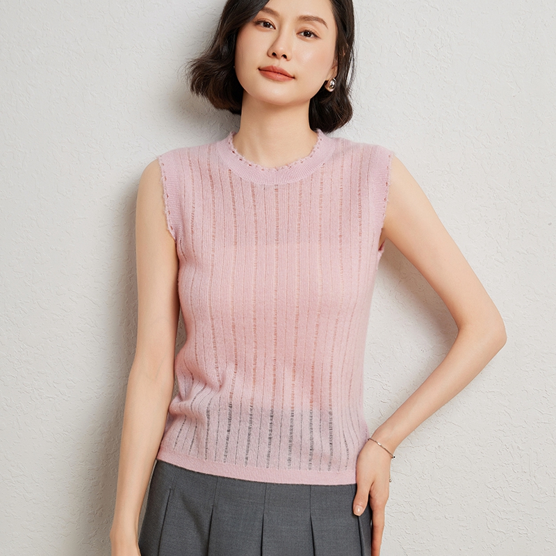 女性 O ネックセーター春夏カシミヤプルオーバーベスト 70% メリノウールと 30% カシミヤニットファッションローエッジタンクトップ
