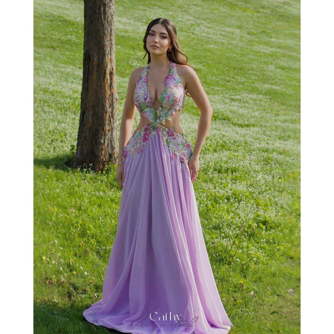 Cathy カスタマイズされたライトパープルホルターネック花ウエディングドレス A ライン Vestidos de noche カットアウト床長さのイブニングドレス 2026