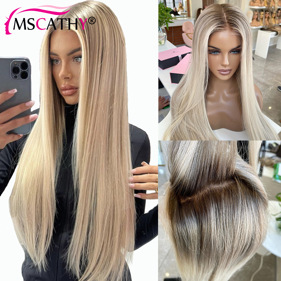 250% グルーレスアッシュブロンドカラーオンブル人毛ウィッグ女性のための 13 × 4 透明レース前頭かつらストレート 13 × 6 かつら事前摘み取
