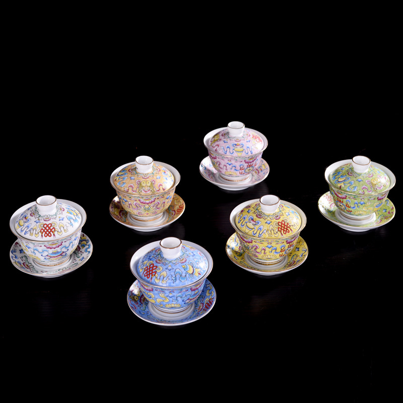HMLOVE カラーエナメル Sancai Gaiwan 白磁カバーボウル蓋ソーサービッグティーカップ手作りチュリーン旅行茶器セットギフト