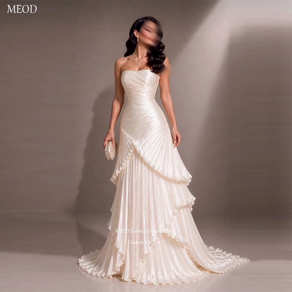 MEOD ホワイトストラップレスマーメイド女性のイブニングドレスノースリーブ Vestidos Elegantes ヴィンテージティアードプリーツパーティードレスカスタマイズ