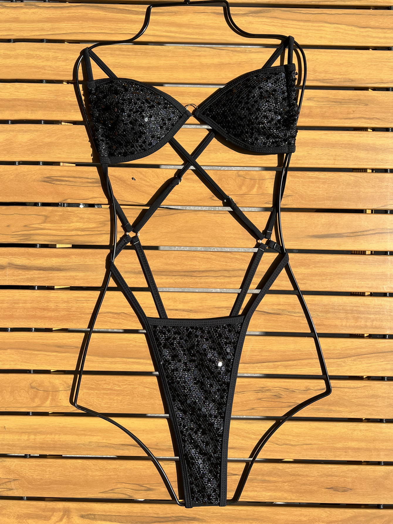Sexy glitter black sequin micro swimsuit one piece women's bikinis Swimwear backless cross bathing suit beach outfits bodysuits