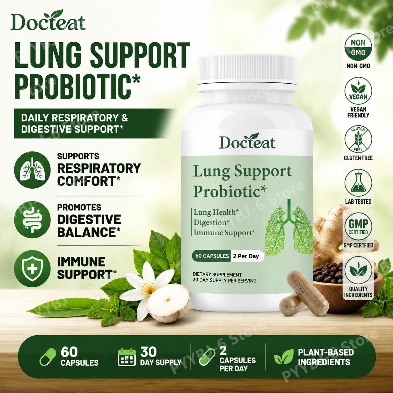 Docteat Lung Support Probiotic Capsules for Daily Respiratory Comfort and Digestive Balance with Probiotic Blend 60 Capsules