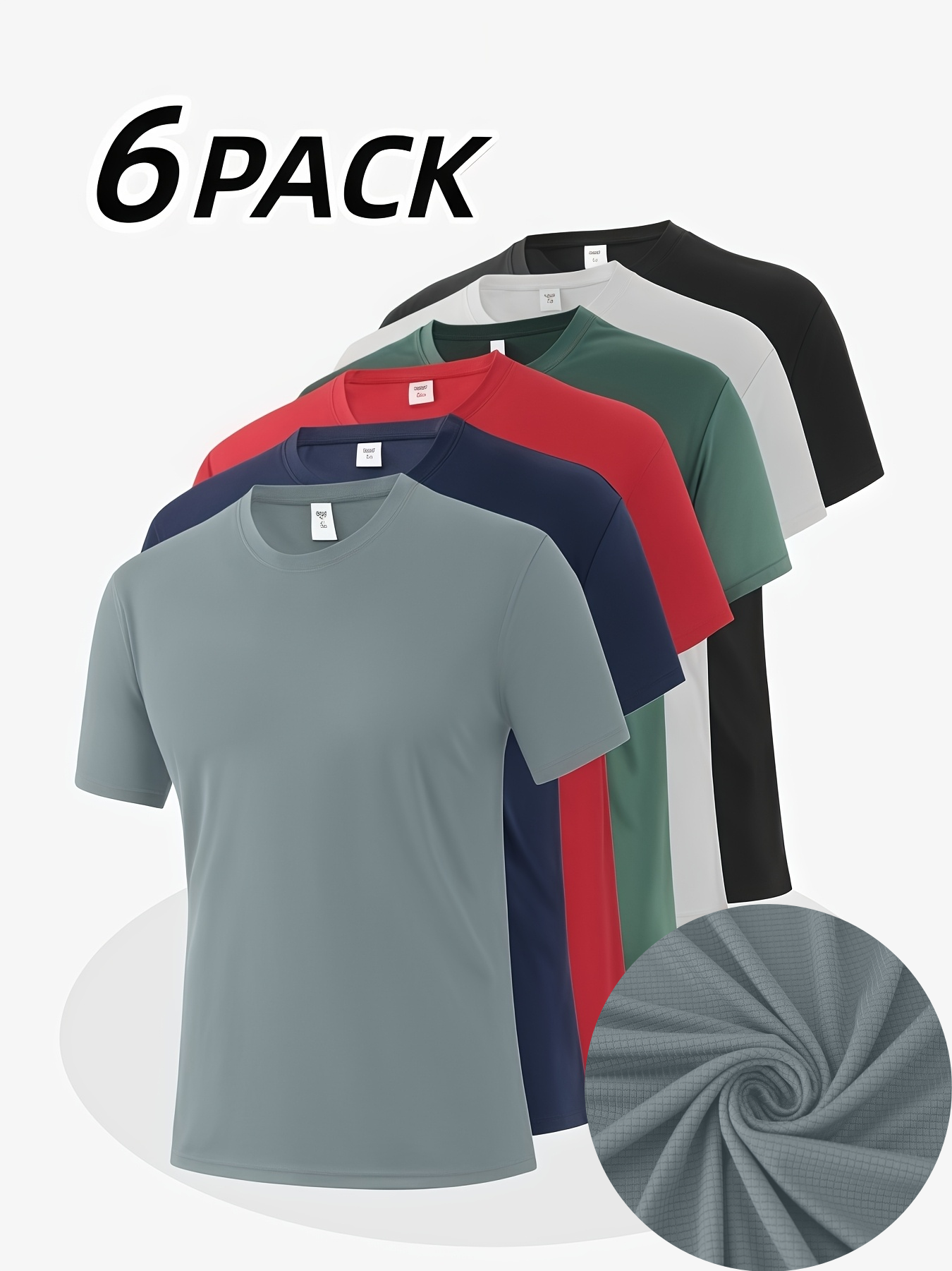 メンズ 通気性ポリエステル クルーネック Tシャツ 6 枚パック - 軽量で吸湿発散性に優れた半袖トップスで、カジュアルウェアやアウトドアアクティビティに最適です。