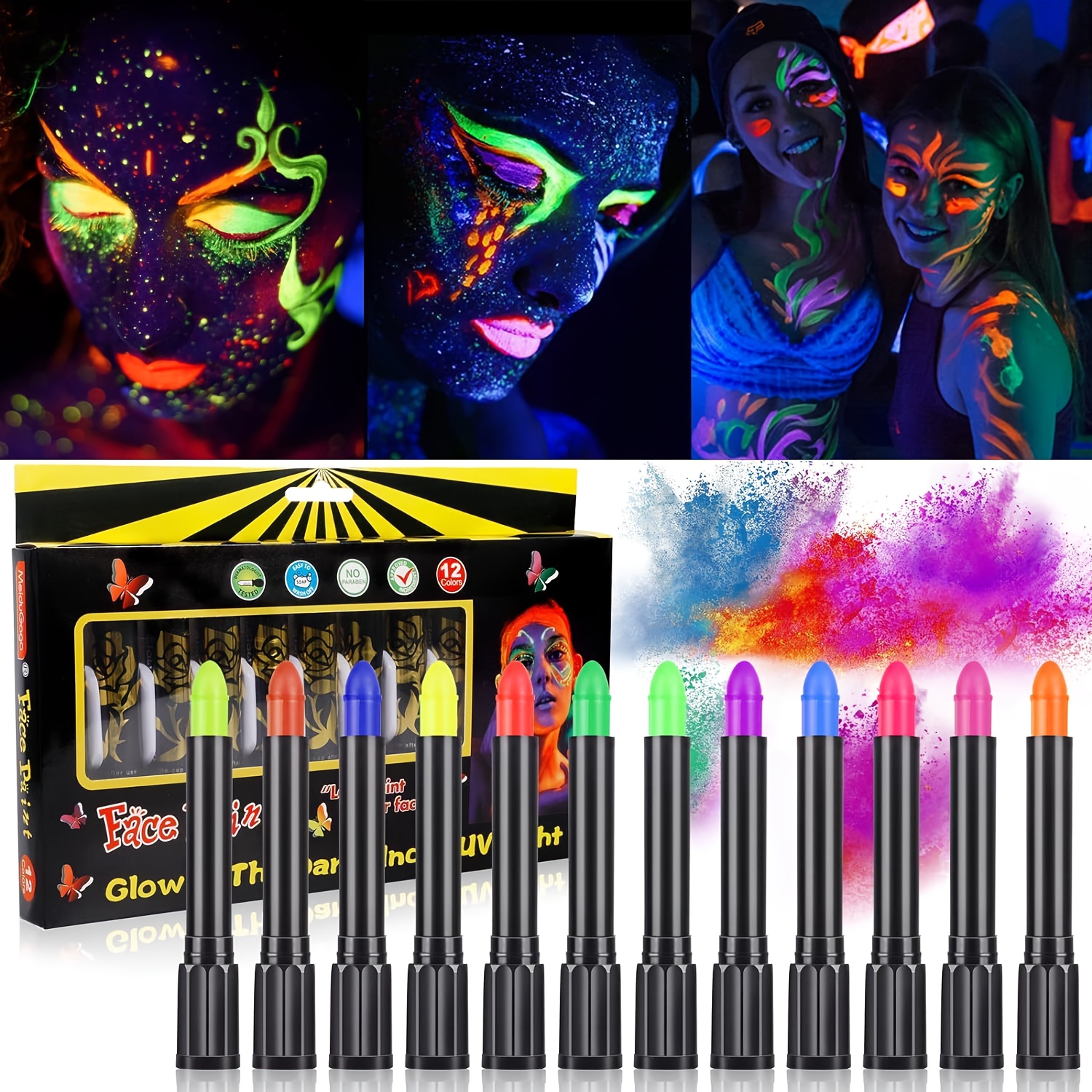 ハロウィン 12色発光フェイスカラー 水性ボディペインティング クレヨン ホリデーダンス ドレスアップ フェイスカラーセット