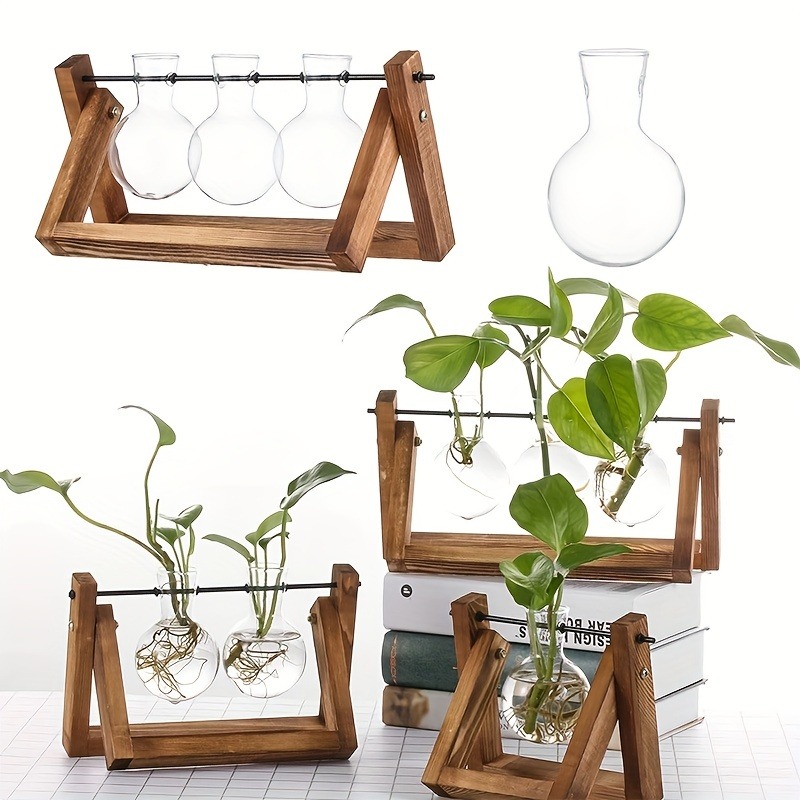 卓上ガラスプランター繁殖ステーション水耕植物花瓶木製ラックテラリウム用植物用家の装飾ルームデコラ