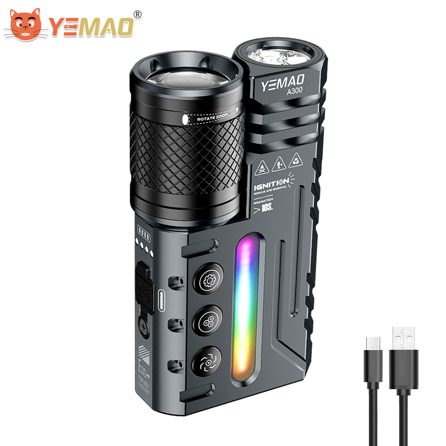 YEMAO A300 デュアルコア EDC 懐中電灯 3500LM ズーム可能投光器/投射 400 メートル 3 つの独立したスイッチ RGB 雰囲気ライト 4800mAh