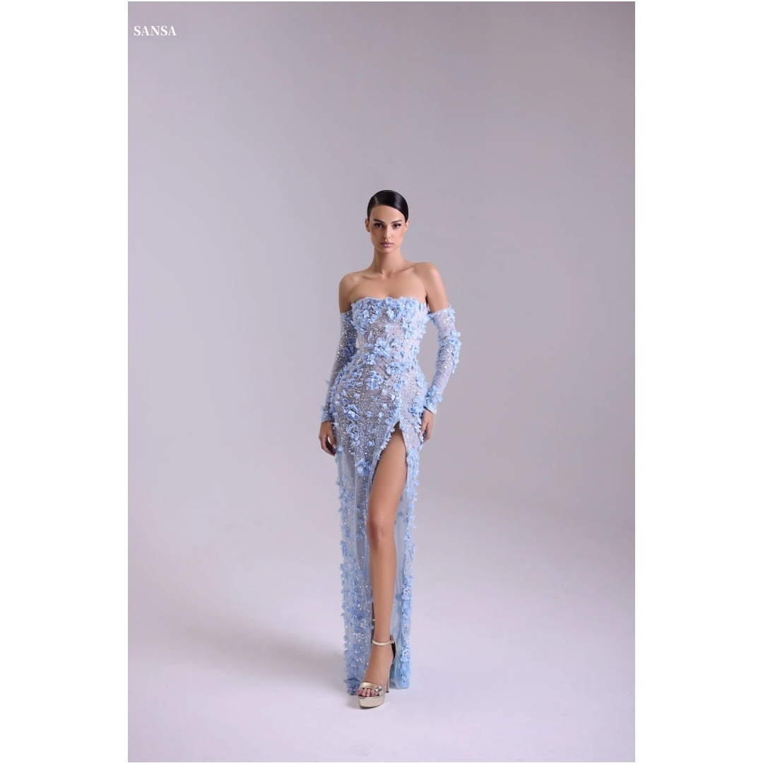 Sansa Customized Blue 3D Flowers Sleeves Side Slit Prom Dresses Strapless فساتين للمناسبات الخاصة Floor-Length vestidos de festa