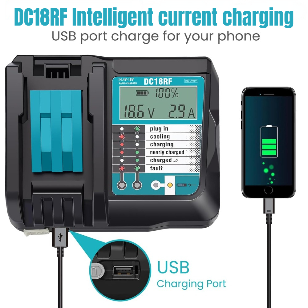 Aleaivy DC18RF リチウムイオン超急速充電器 14.4V-18V リチウム電池 BL1860B、BL1830、BL1415、BL1440 用 LED スクリーン、USB ポート付き