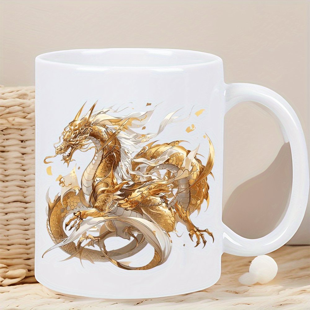 ドラゴン コーヒー マグ - エレガントな白い外観、金色のドラゴンのデザイン、ホット用断熱セラミック カップ