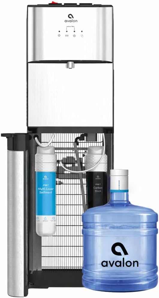 ろ過機能付きボトムローディングウォータークーラーディスペンサー、3 つの温度オプション: 温水、冷水、室内水、耐久性のあるステンレス鋼製、UL リストおよび NSF 認定