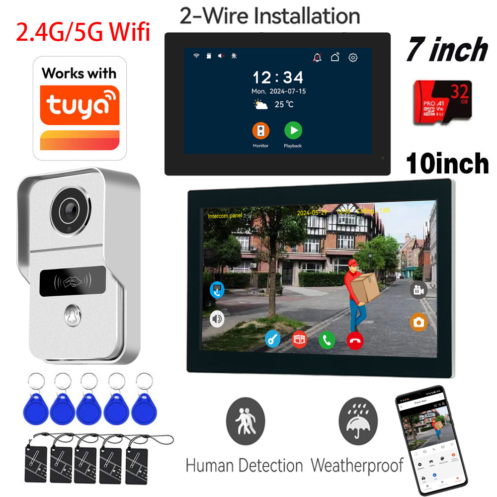 新しい Tuya スマートドアベル HD カメラホームビデオインターホン Wifi 2 ワイヤー 7/10 インチワイヤレスビデオドアホンシステム 5-in-1 NFC ロック解除