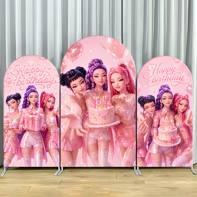 ピンク Kpop デーモンハンターアーチ背景カバースパンデックスキアラアーチセット女の子の誕生日パーティーフォトブーススタジオ装飾用品