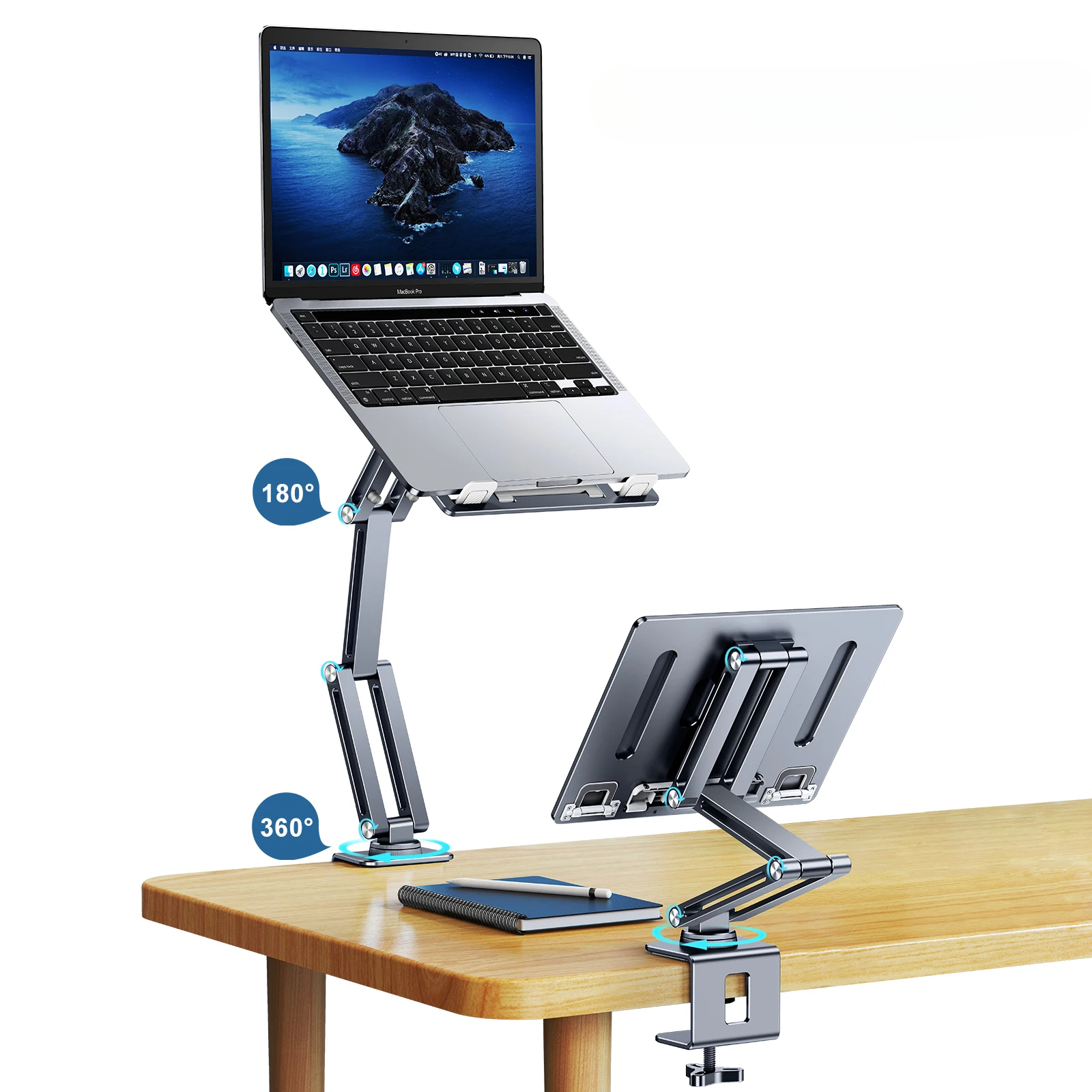 本/タブレットホルダー 調節可能 360°回転可能 ラップトップ タブレット スタンド クランプ アルミニウム合金 ブラケット ホルダー デスクトップ ベッド読書用