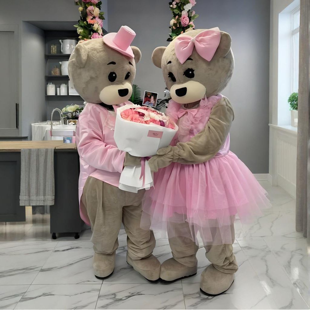ピンクドレスタキシード灰色クママスコット衣装カスタマイズカップルスタイルアニメーターステージパフォーマンス衣装漫画人形衣装