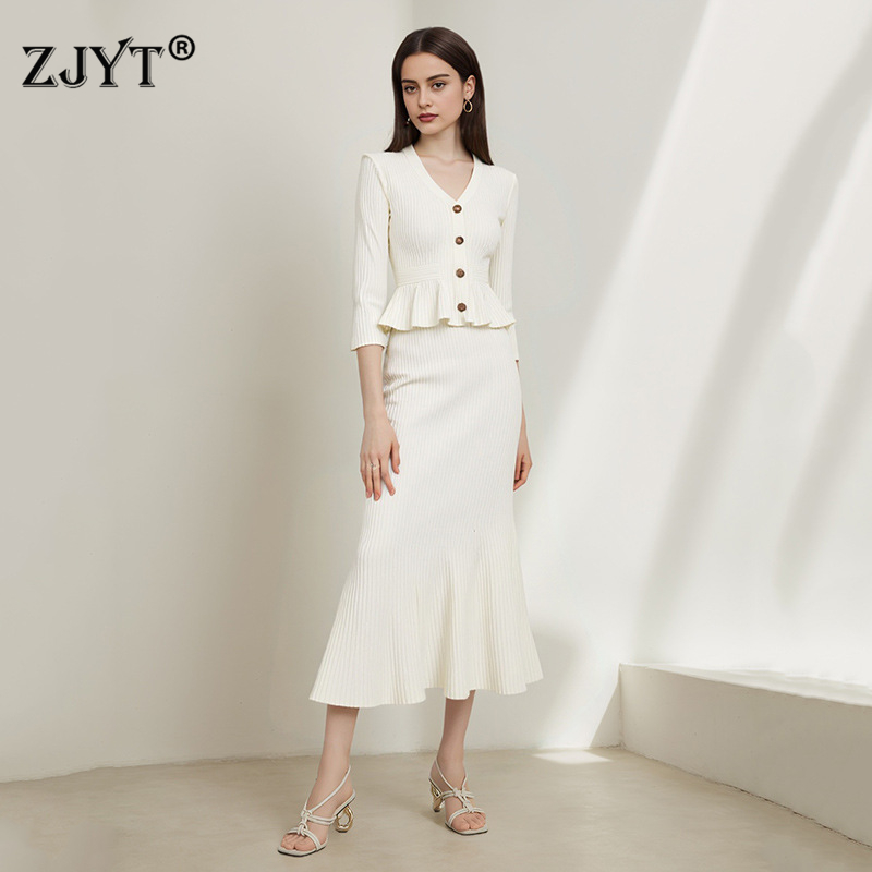ZJYT Spring Autumn Knitted Dress Sets 2Pieces Womens Outfits 2026 New Long Sleeve Sweater and Midi Skirt Suit White Casual Party