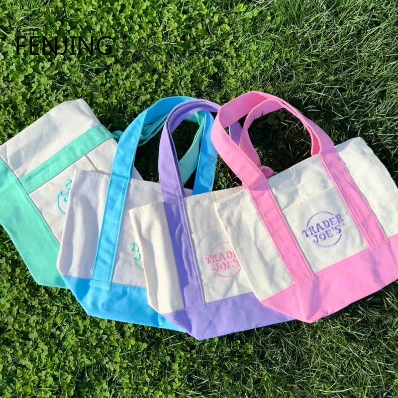 ファッションキャンバスショッピングバッグカラーステッチハンドバッグ毎日の通勤シンプルでソフトで快適なショルダーバッグ環境に優しい収納ランチバッグ