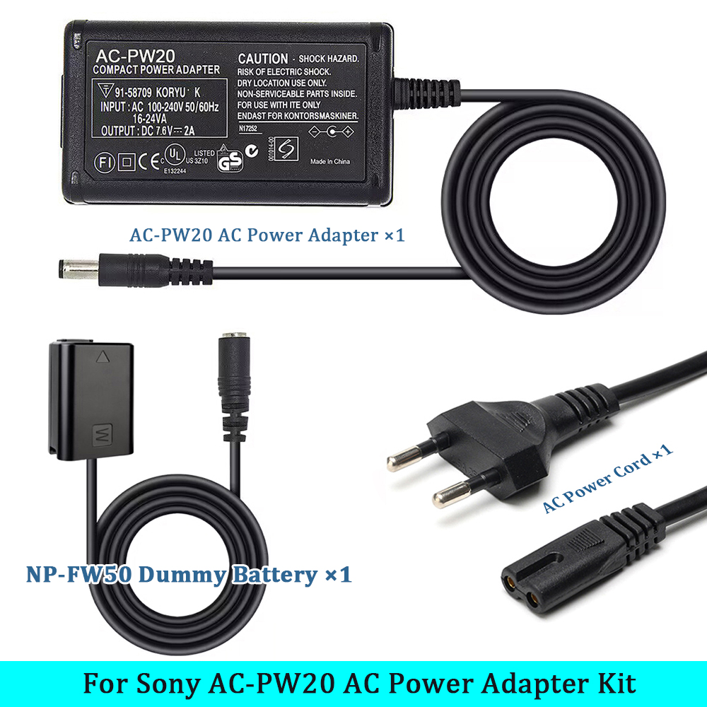 AC-PW20 AC 電源アダプタ NP-FW50 ダミーバッテリーキット Sony Alpha A5100 A6000 A6100 A6300 A6400 A6500 ZV-E10 A7 A7R カメラ用