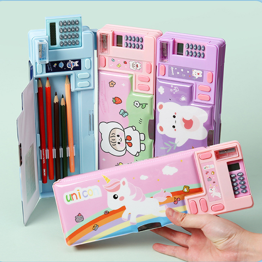 多機能ペンケース、漫画風文房具収納ボックス、電卓、鉛筆削り付き、学用品、子供へのギフト