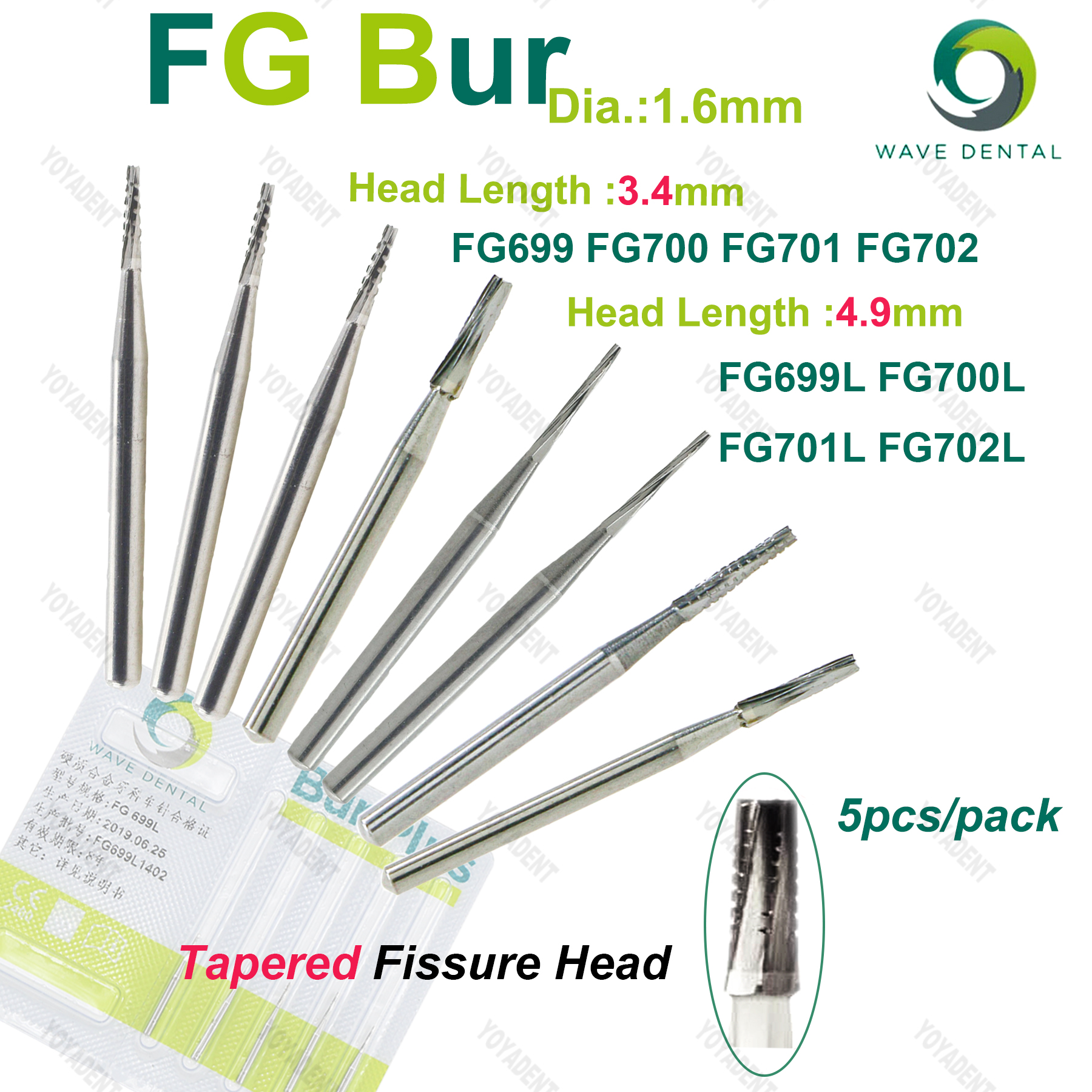 ウェーブ歯科タングステンカーバイドバリ FG テーパー亀裂クロスカットヘッド高速タービンハンドピース 5 ピース/パック歯科医ツール