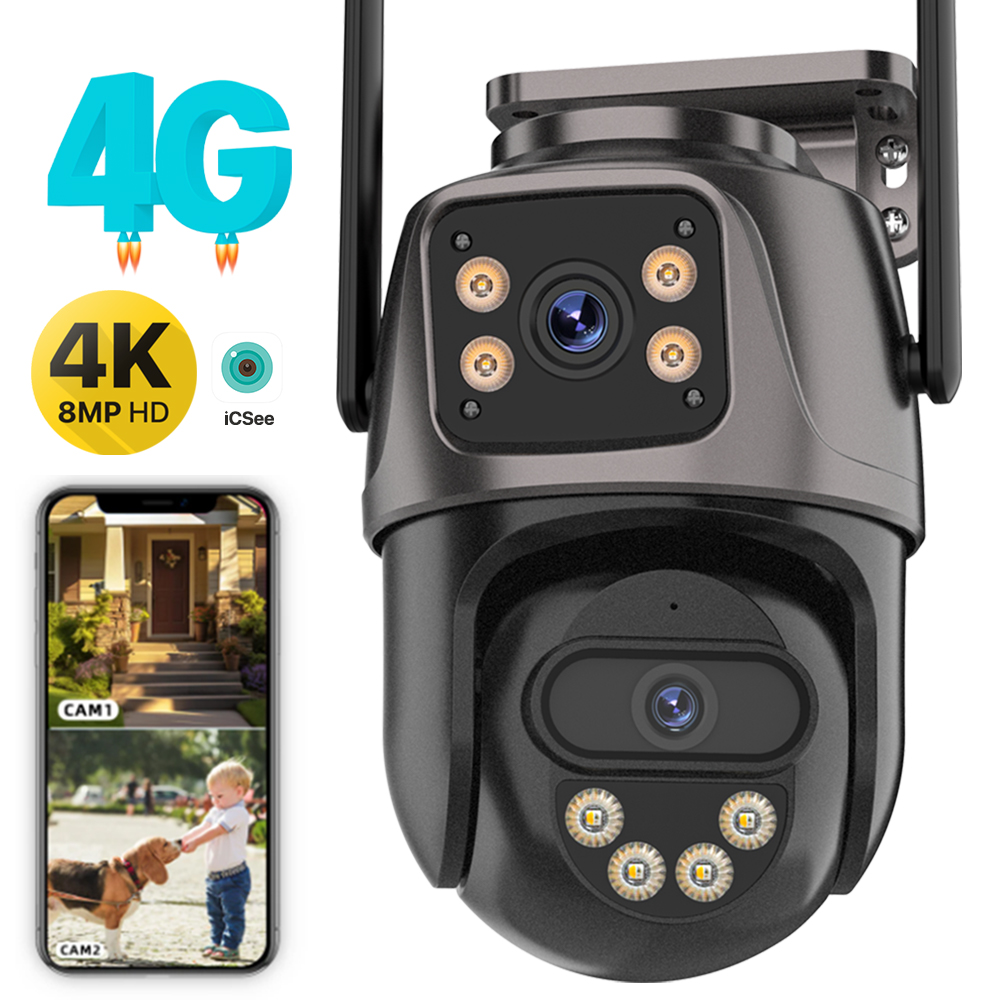 4G Simカードカメラ屋外4K 8MP HD PTZ IPカメラデュアルスクリーンWifiホームセキュリティ自動追跡CCTVビデオ監視iCSee