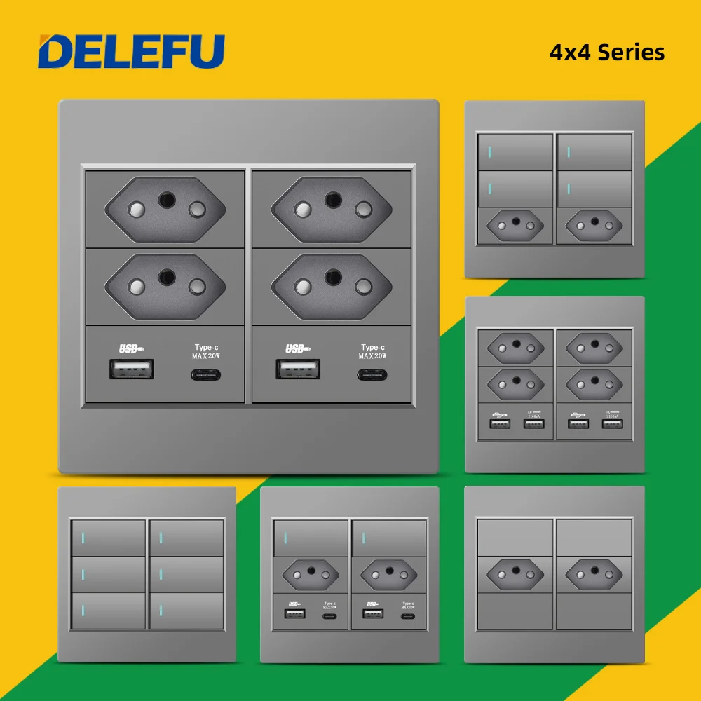 DELEFU 4x4 耐火 PC パネルブラジル標準コンセントダブル USB タイプ C 壁電源ソケットライトスイッチオフィスグレー 10A 20A
