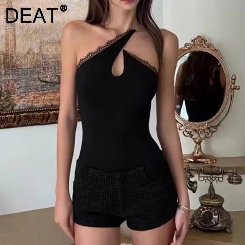 DEAT 2026 夏の新ボディスーツノースリーブ斜め肩中空デザイン固体スリムフィットホルタージャンプスーツ女性のための 11A09520