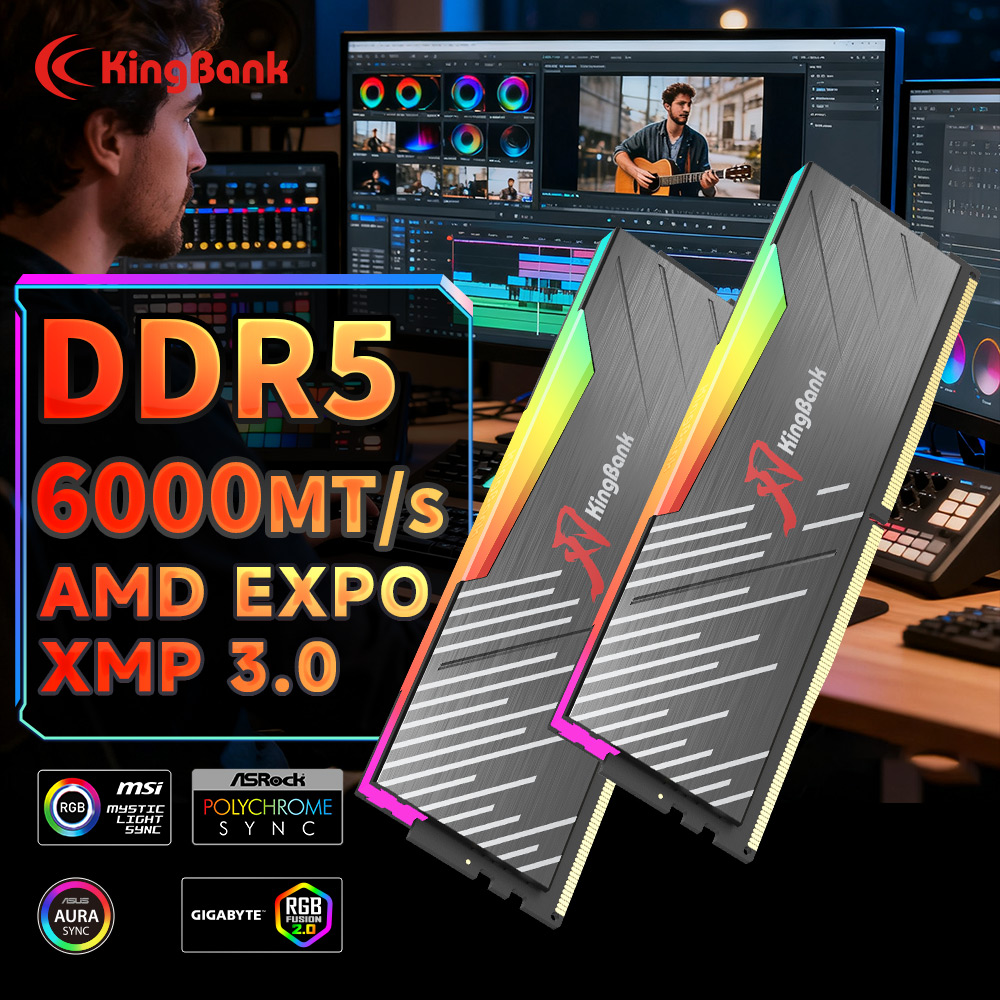 KingBank KRRB DDR5 RGB 16GB / 16GBx2 6000MHz CL36 デスクトップコンピュータ用メモリ セレクトチップ CL36 1.35V PMIC ブラックヒートシンク メモリ RAM