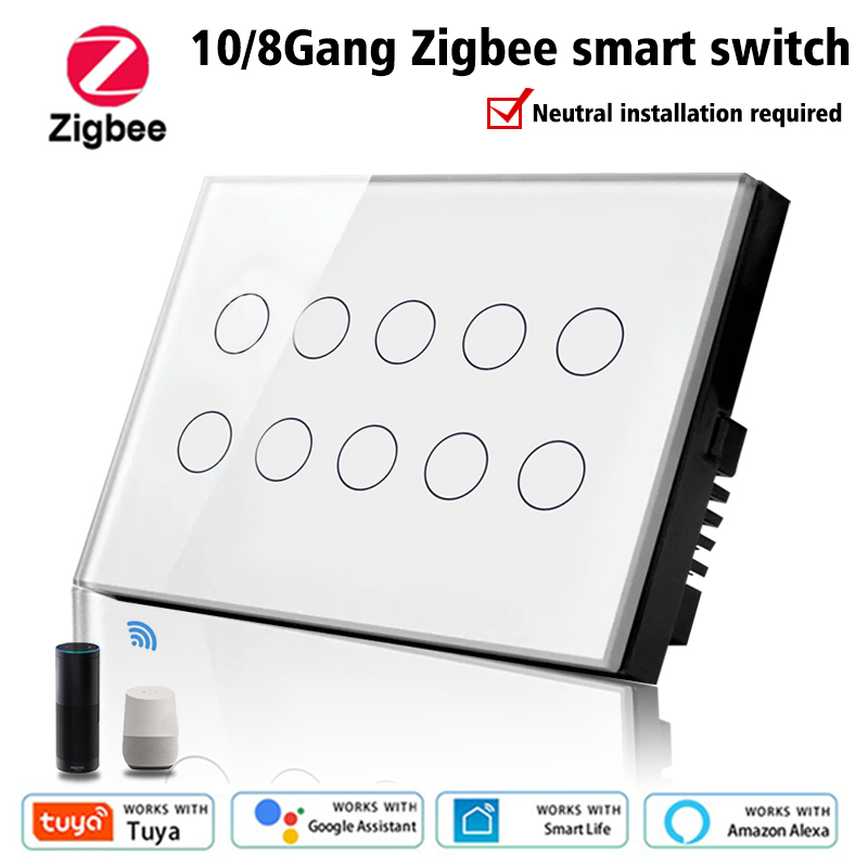 10Gang wifi または zigbee スマートタッチライト壁スイッチガラスパネル Tuya アプリ家全体制御 Alexa Google Home と互換性あり