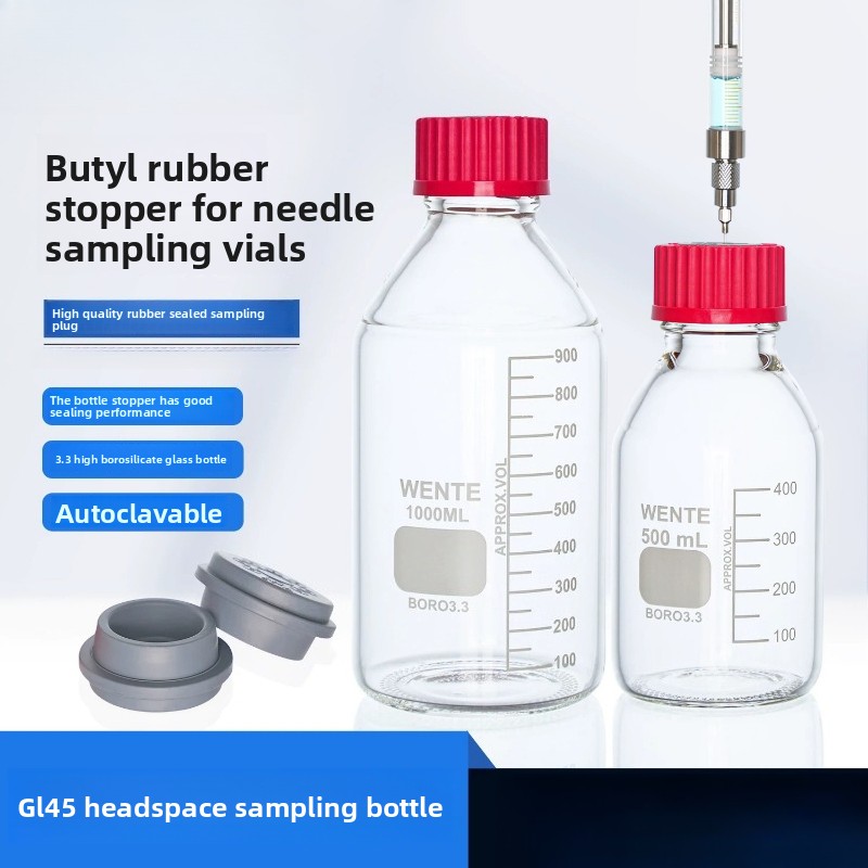 GL45 PBTスクリューキャップサンプリングボトル、穴あき密閉ブチルゴム栓、実験室用水・化学薬品・液体サンプル保管ボトル
