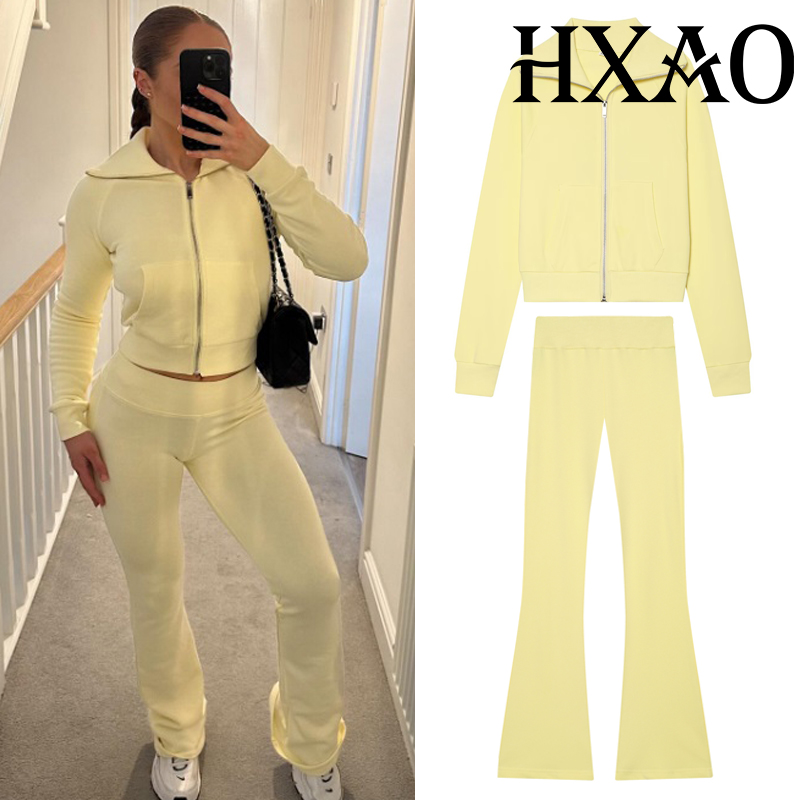 HXAO フレアパンツ トレーナー セット 2 点セット クロップド長袖トップ タイト ブーツカット パンツ ツーピース スーツ 女性 トラックスーツ セット