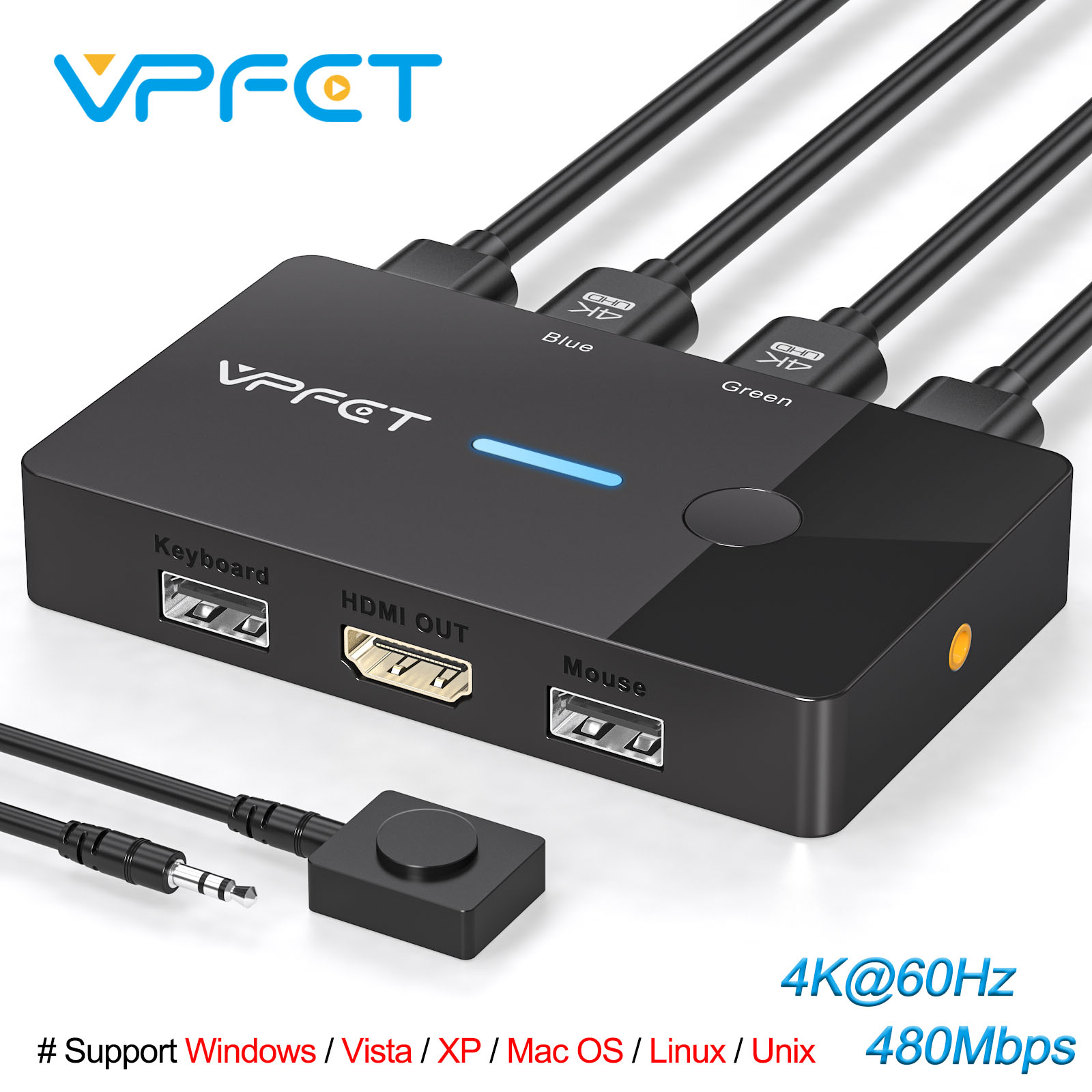 4K@60Hz HDMI KVM スイッチ 1 台のモニター 2 台のコンピュータ キーボード マウスの共有 USB ハブ プラグ アンド プレイ Windows Mac Linux をサポート 電源なし