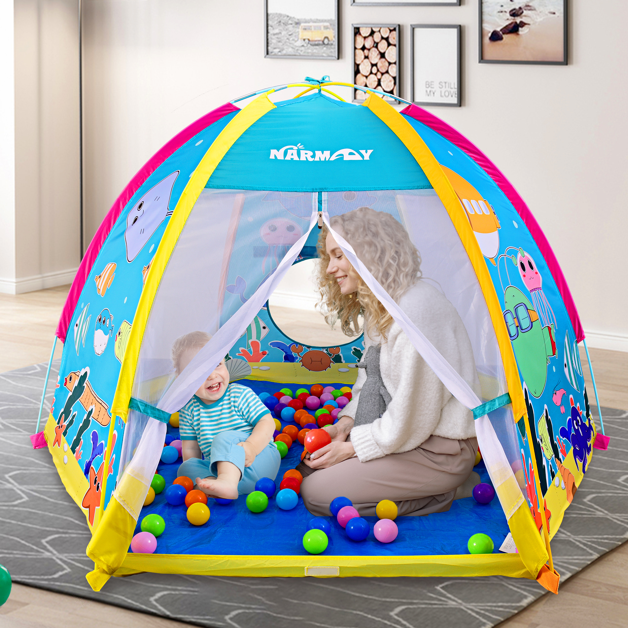 オーシャンワールド プレイテント 子供用 ごっこ遊び 屋内用大型メッシュ付き六角プレイハウス