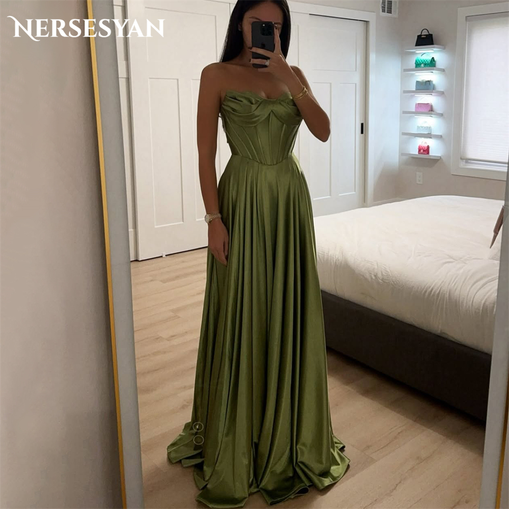 Nersesyan エレガントなオリーブグリーンのイブニングドレス A ラインノースリーブオフショルダーウエディングドレス背中の開いた固体パーティードレスカスタマイズ
