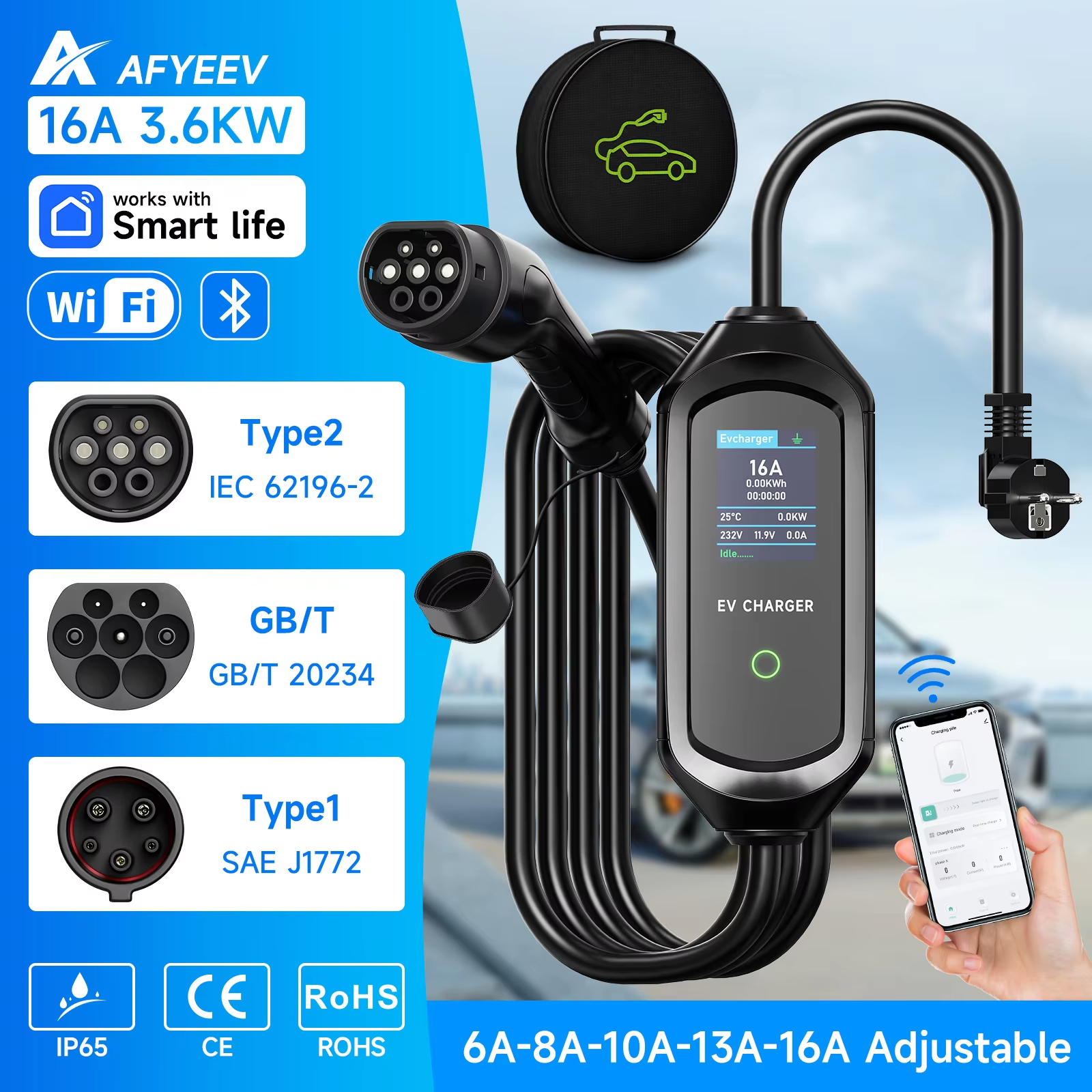AFYEEV 3600 ワットポータブル Type2 IEC62196-2 EV 充電器 Type1 SAE J1772 電気自動車の充電器 GBT EVSE 充電ケーブルウォールボックス EU プラグ