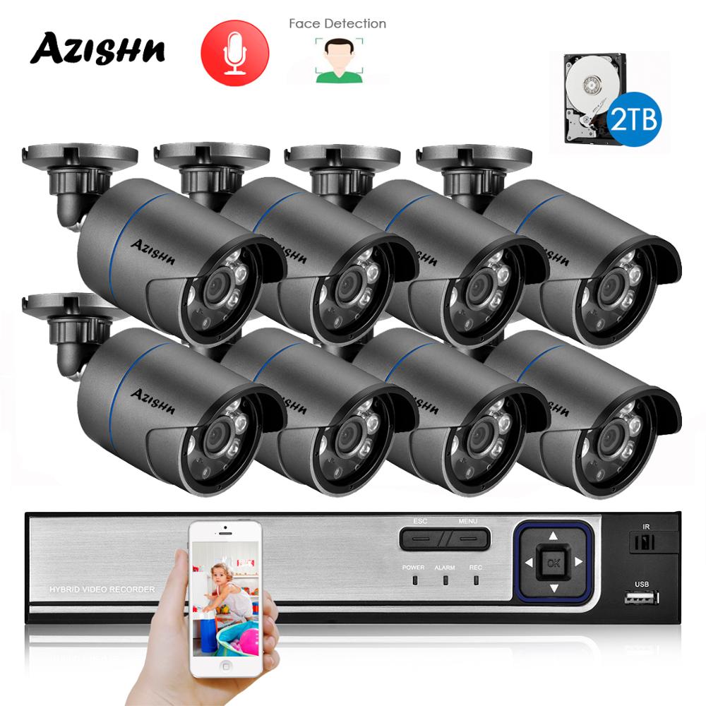 AZISHN H.265+ 8CH 5MP POE Security System NVR Kit Audio IP Camera IR Outdoor IP66 Face Detection CCTV Video Surveillance NVR Set