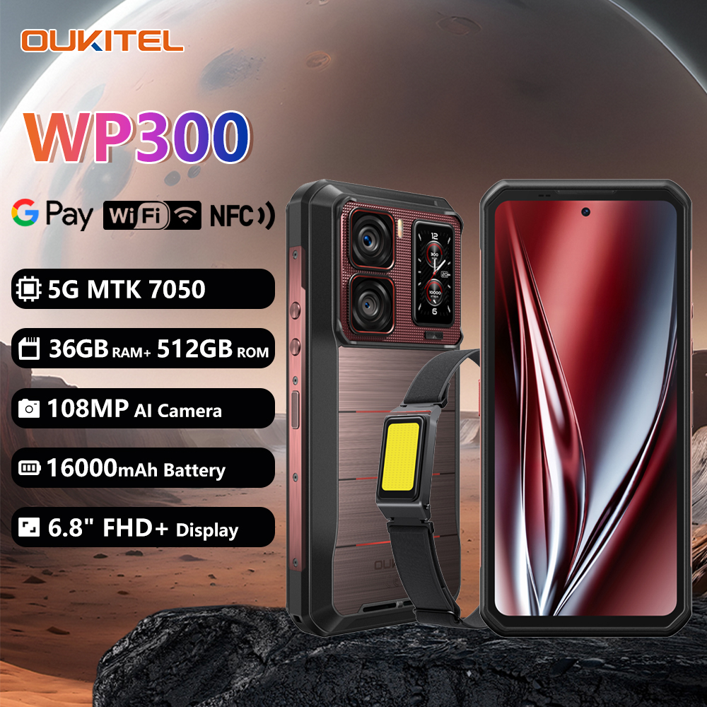 Oukitel WP300 頑丈な電話 16000mAh 36GB（12 24）GB 512GB 取り外し可能なイヤホン/キャンプライト 6.78 インチ FHD 120Hz 108MP 携帯電話