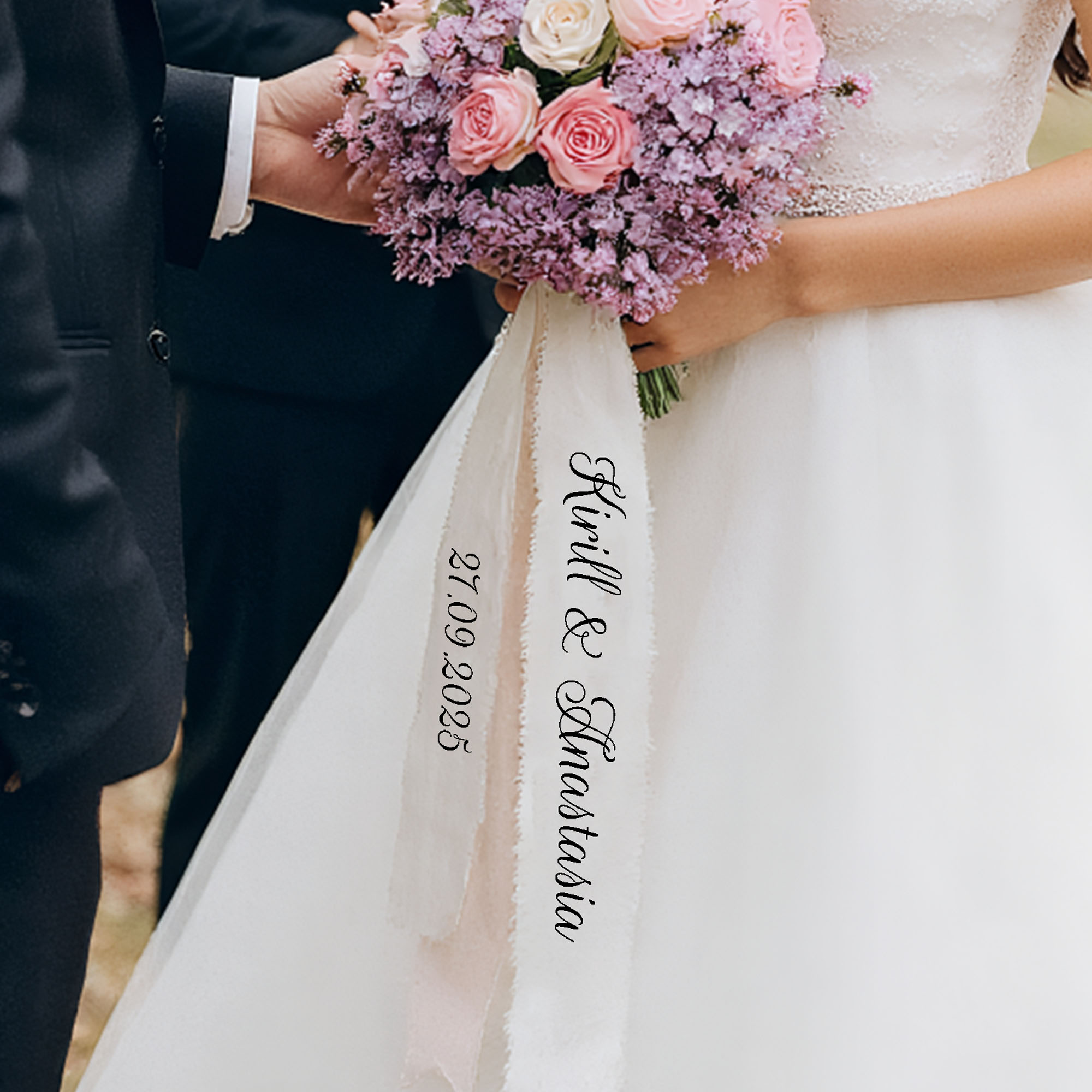 パーソナライズされたブライダルブーケリボン、結婚式の記念品、ブーケラップ、カスタムブーケリボン