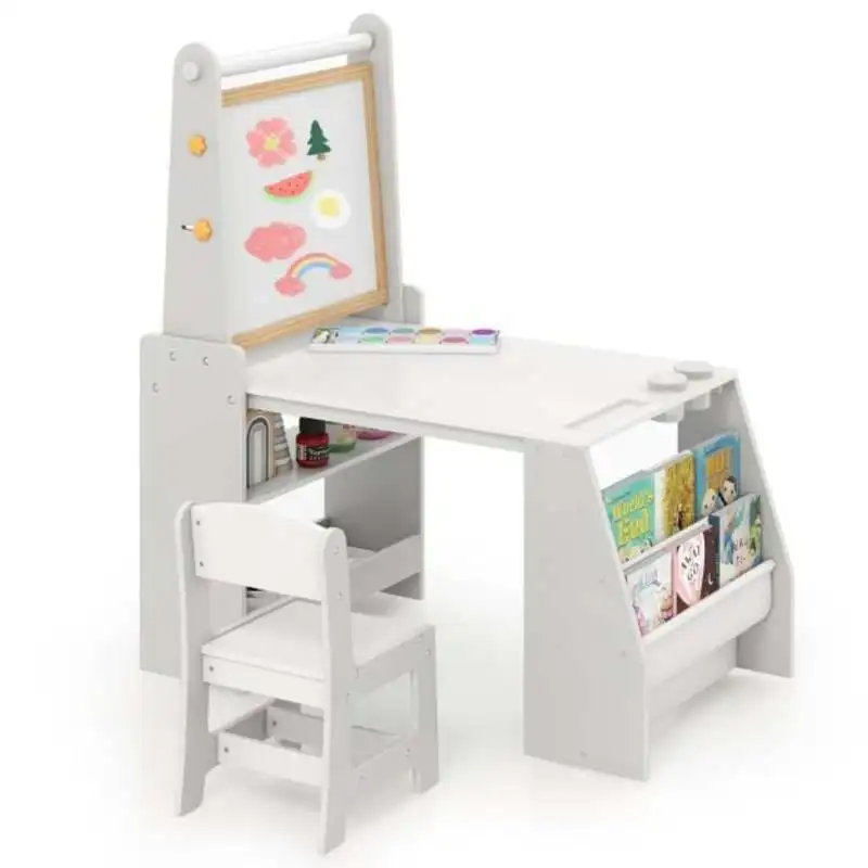 キッズアートテーブルとチェアセット、イーゼルと椅子付き、読書用-グレー