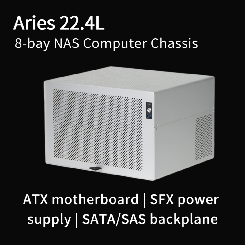 Aries 8 ベイ NAS 垂直シャーシ、2mm 陽極酸化アルミニウム、ATX マザーボード | SFX 電源 SATA/SAS バックプレーン