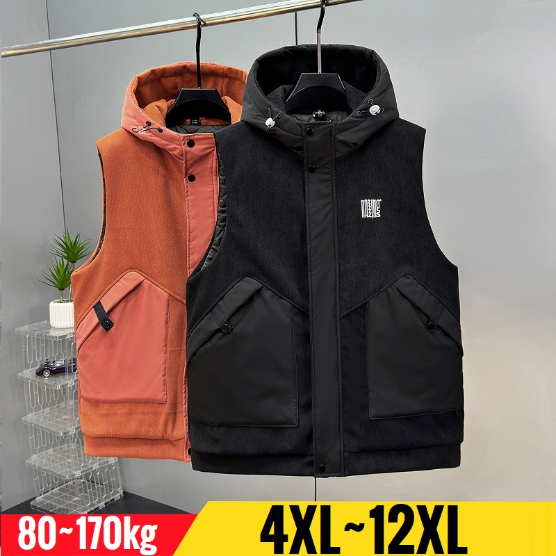 プラスサイズ 12XL メンズベストフード付きジップアップノースリーブジャケット男性綿パッド入り冬厚い特大大パッチワークチョッキ