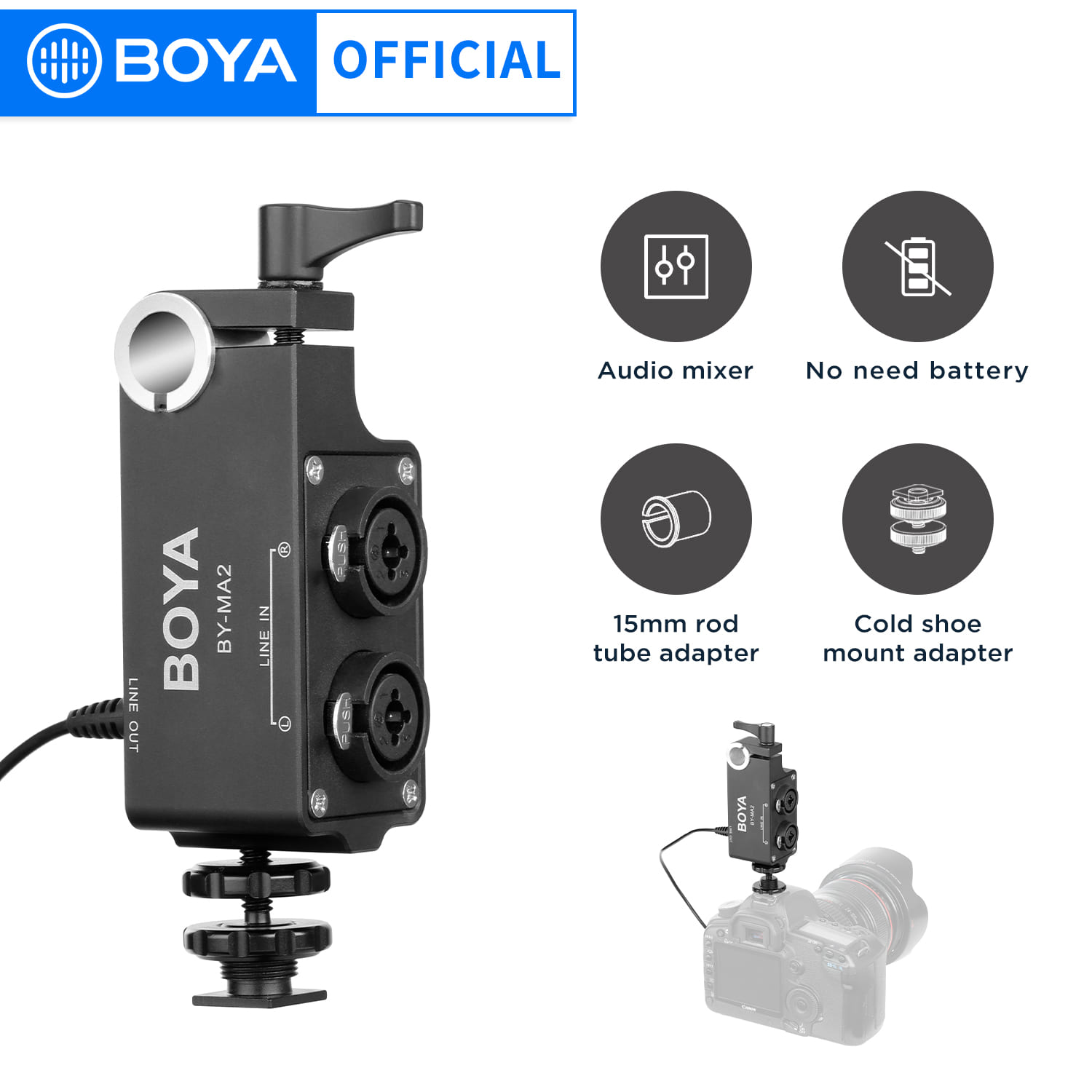 Boya BY-MA2 デュアルチャンネル録音オーディオミキサー XLR ジャック 6.5mm から 3.5mm ワイヤレスマイクシステム DSLR カメラ Canon Nikon Sony 用