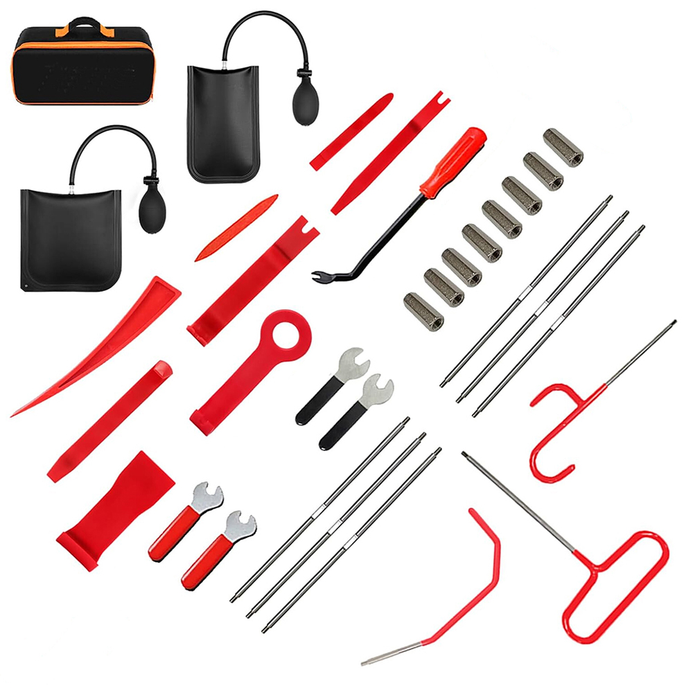33Pcs Car Door Panel Removal Tool Kit Stainless Steel Auto Dent Puller Hooks Air Wedge Pry Bars Interior Trim Disassembly Repair Tools with Storage Bag for Vehicle Body Repair