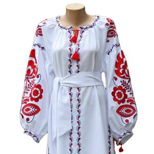 Floral Designer Fashion Embroidered Ukrainian Dress with Long Puff Sleeves, V-Neck, and Gypsy Party Style