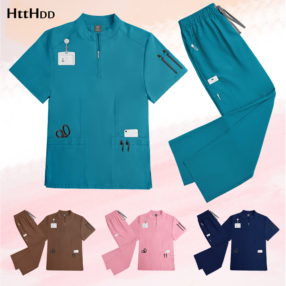 Nursing Scrubs Top with Zipper Salon Beauty Spa Uniform Sets Women Men Scrub Uniforms Healthcare Lab Work Wear Veterinary Scrubs